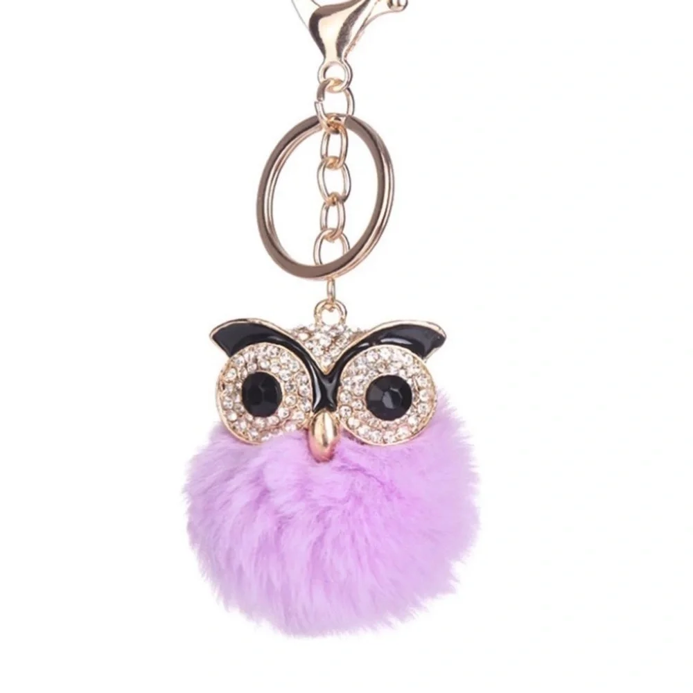 Enameled Fluffy Purple Owl Rhinestone Keychain With Gold Tone Accents